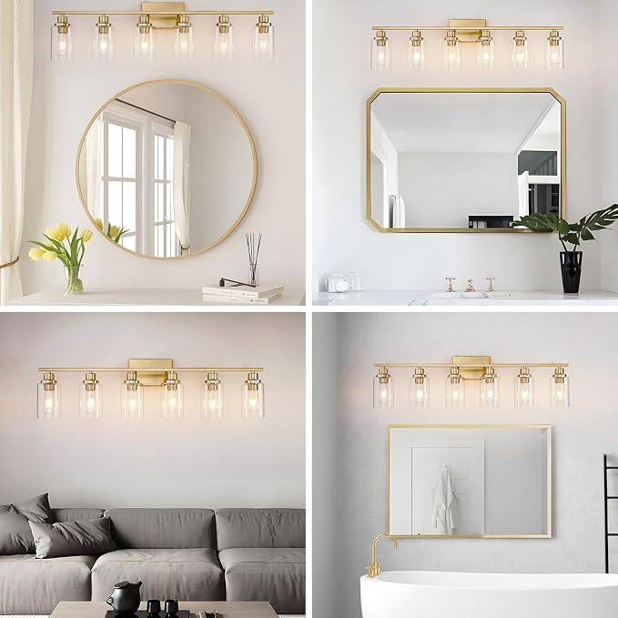 6 Light Gold Bathroom Light Fixtures Brushed Brass Vanity Light Over Mirror - Image 5