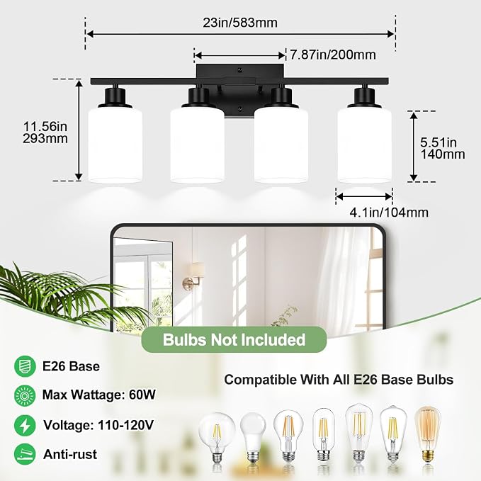 Indoi 4-Light Bathroom Light Fixtures, Matte Black Vanity Lights - Image 8