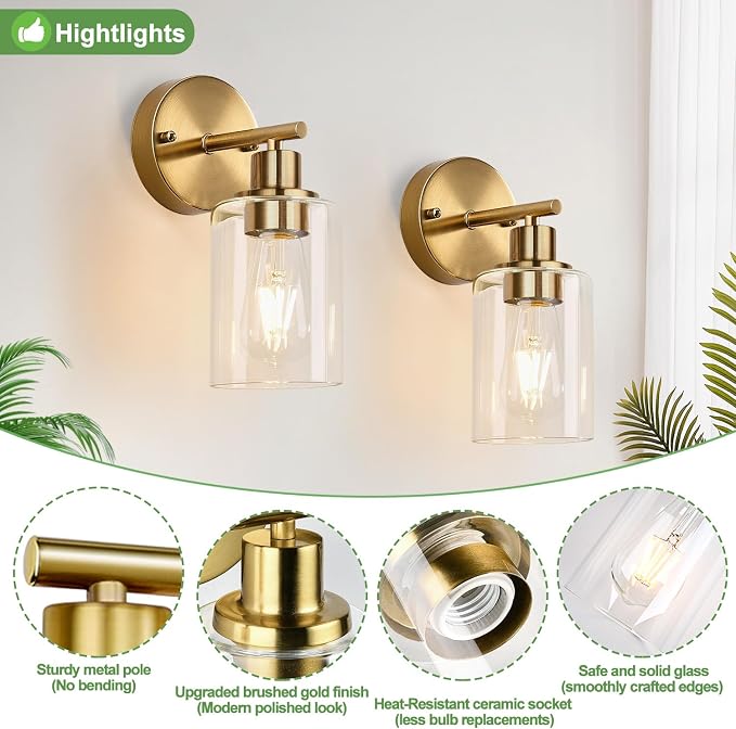 Zarbitta Set of 2 Wall Sconces for Bathroom, Brushed Gold Modern Vanity Lights - Image 4