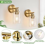 Zarbitta Set of 2 Wall Sconces for Bathroom, Brushed Gold Modern Vanity Lights - Image 4