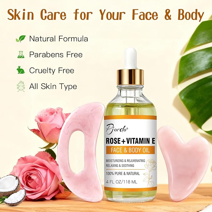 Pjordo Vitamin E Rose Oil & Gua Sha Massage Tools Set, Gua Sha Oil - Image 8