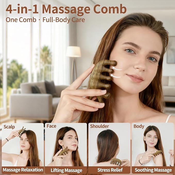 Green Sandalwood 4-in-1 Massage Comb & Gua Sha Tool - Image 2