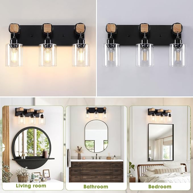Licperron Farmhouse 3-Lights Wood Bathroom Vanity Light, Rustic Black Bathroom - Image 7