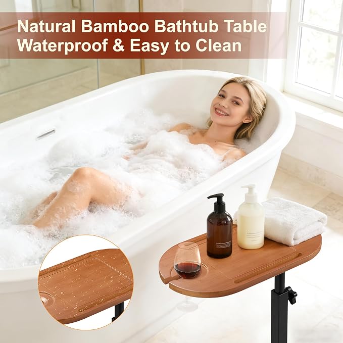 Bamboo Bathtub Side Table, 360° Swivel Height Adjustable Freestanding Bath - Image 6
