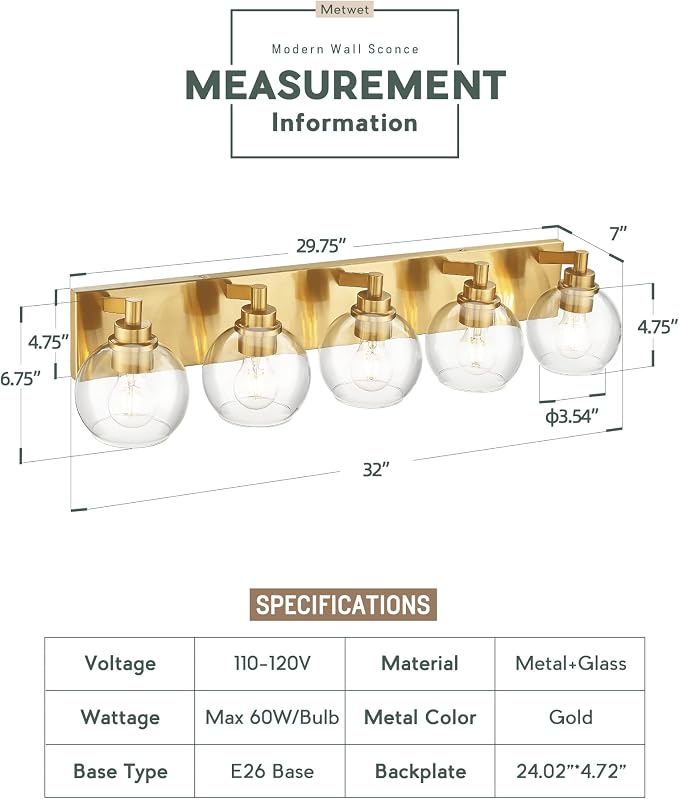 Bathroom Light Fixtures, 5 Light Brushed Gold Vanity Light, 32 Inch Modern Wall - Image 3