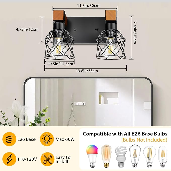 2-Light Farmhouse Bathroom Light Fixtures Over Mirror, Rustic Wood Vanity Lights - Image 2