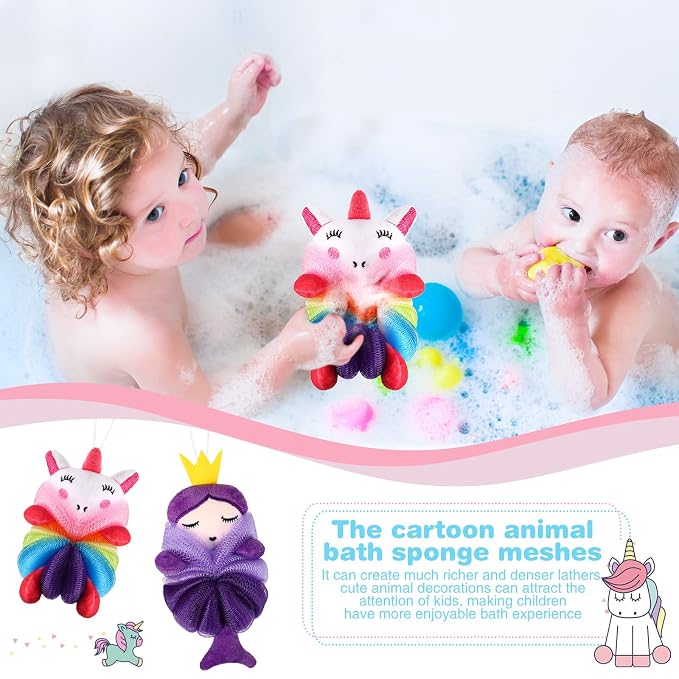 Nuenen 2 Pcs Bath Loofahs Kids Toddler Cute Cartoon Bath Sponges Loofah Pouf - Image 4