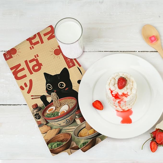 2PCS Vintage Japanese Cat Kitchen Towels, Quirky Ramen Cat Reusable Absorbent - Image 6