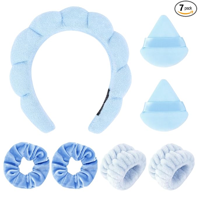 7Pcs Spa Set - Puffy Headband, Wristbands, Powder Puffs, Makeup Removal Terry by ARALUKY