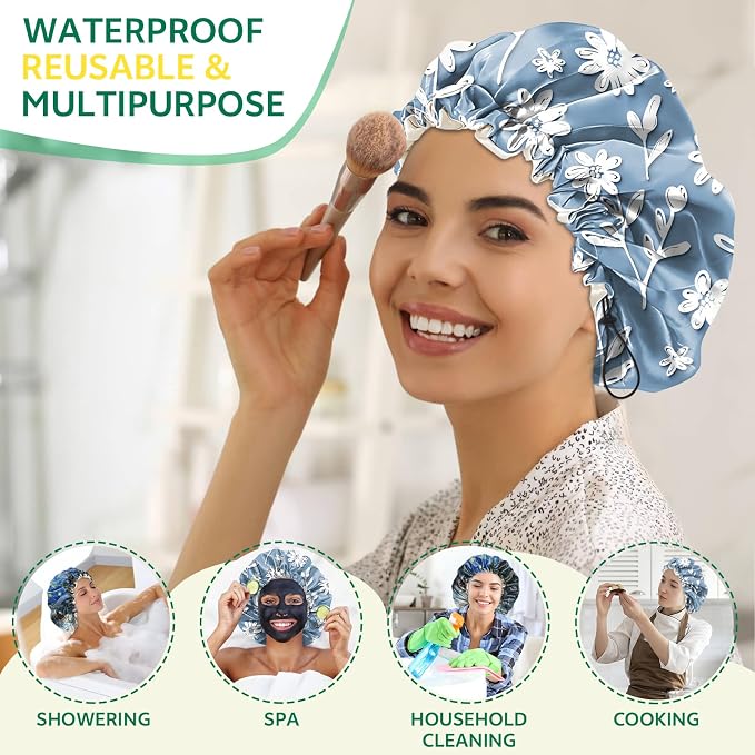 2 PCS Shower Cap Waterproof Double Layer Elastic Adjustable Reusable Hair Bath - Image 6