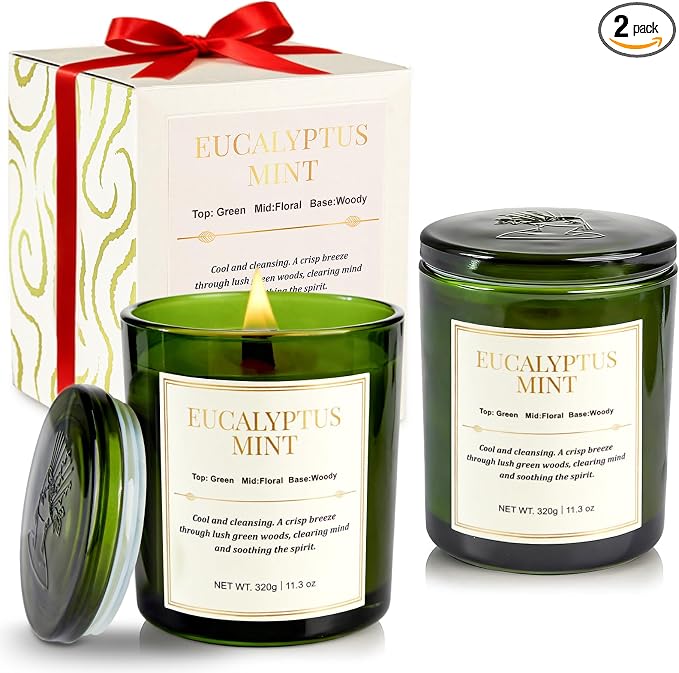 2 Pack Candles for Home Scented, Wood Wick Eucalyptus Mint Scented Candle by CJVIUS