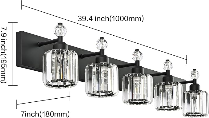 PRESDE 5-Light Crystal Bathroom Vanity Light Modern Matte Black Bathroom Lights - Image 4