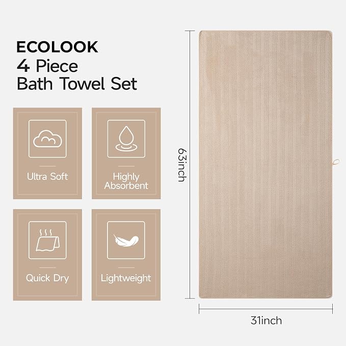 ecolook 4 Pack Microfiber Bath Towels, 31 x 63 inches Extra Large Bath Towel Set - Image 3