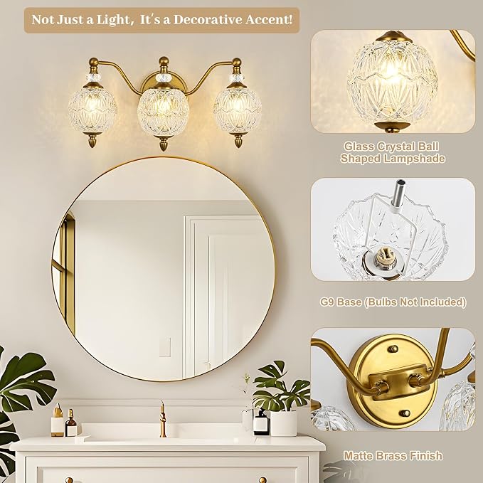 Vintage Bathroom Vanity Light, 3-Light Mid Century Matte Brass Finish Wall - Image 3