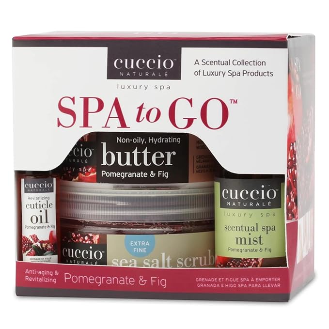 Cuccio 4 Piece Spa To Go Kit – Pomegranate & Fig – Complete Skincare Set by Cuccio
