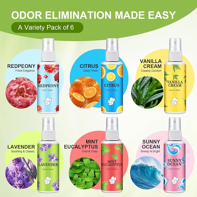 6 Pack Toilet Spray, 6-Scent Bathroom Spray, Freshener Deodorizer - Image 2