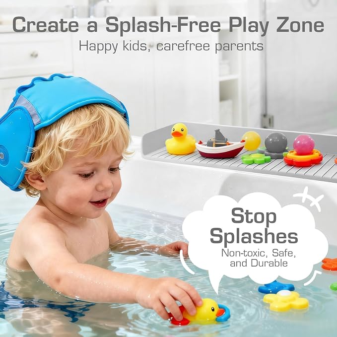 31.5" Bathtub Splash Guard for Kids & Toddlers- Silicone Play Shelf & Toy - Image 3