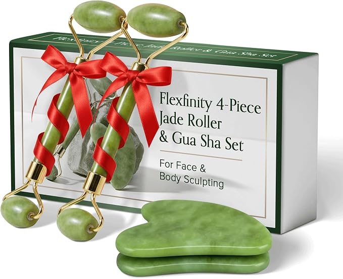 Jade Roller and Gua Sha Set for Face & Body – 4-Piece Authentic Jade Facial by Unknown