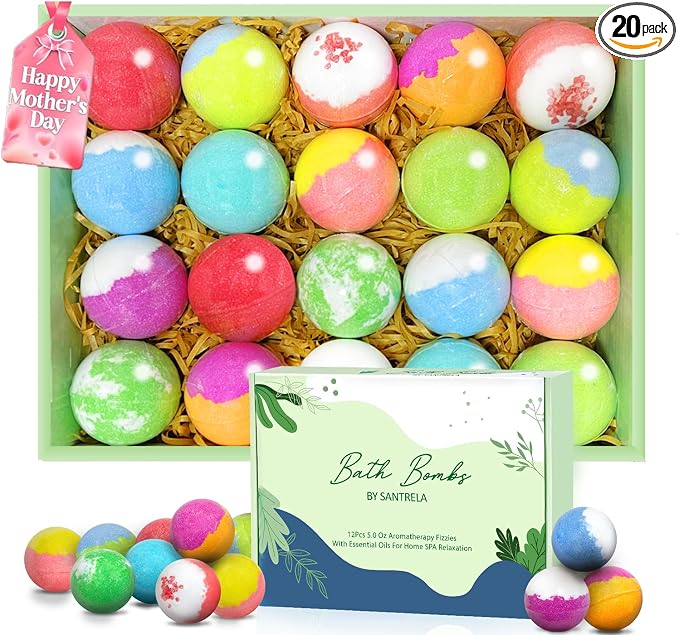 Bath Bombs for Women Gift Set, 20 Organic Bath Bombs by Santrela