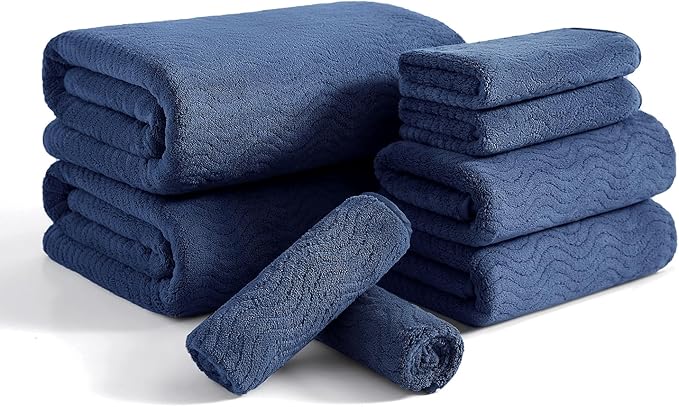8 Piece Bath Towel Set Navy |2 Oversized Large Bath Sheet, 2 Hand Towels by JessyHome