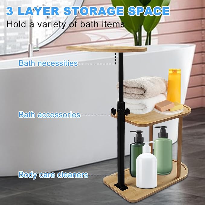 3 Layer Bath Tub Tray Table Liftable Freestanding Bamboo Bath Tray Caddy - Image 4