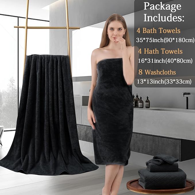 8-Piece Black Bath Towels Set, 2 Oversized Large Bath Towels Sheet, 2 Hand - Image 5