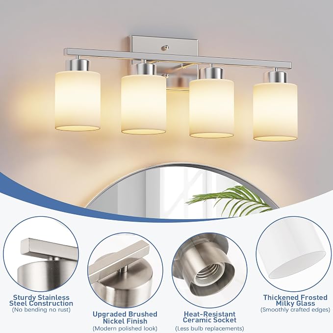 PARTPHONER 4-Light Brushed Nickel Bathroom Light Fixtures, Modern Vanity Light - Image 3