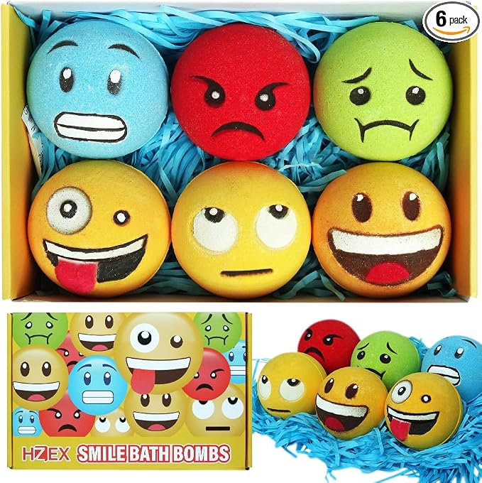 HZEX Large Emotion Face Bath Bombs Set of 6 – Fun Emoji-Inspired Spa Fizzies – by HZEX