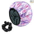 Purple Butterfly Print Satin Shower Cap, Three-Layer Terry Cloth Lined by Yonchic