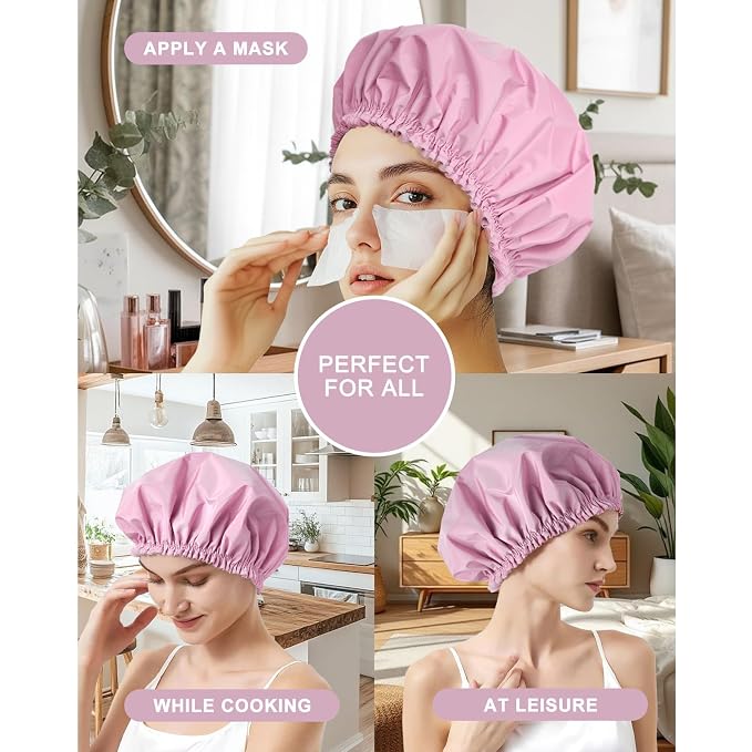 Shower Cap for Women, Double Layer Waterproof Bath Cap, Reusable Hair Protector - Image 3