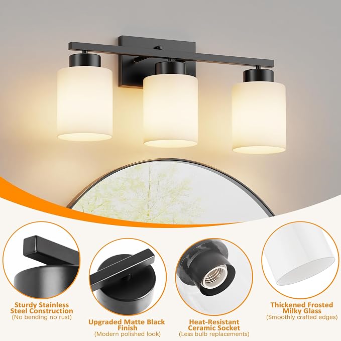 PARTPHONER 3-Light Matte Black Bathroom Light Fixtures, Modern Vanity Light - Image 3