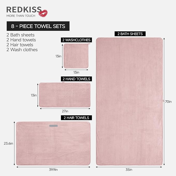 REDKISS Pink Microfiber Bath Towels Set 8 Piece - Image 3