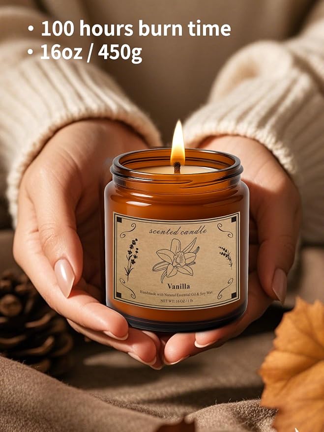 Scented Candles for Home, 16oz Large Amber Jar Scented Candle – Vanilla Soy Wax - Image 4