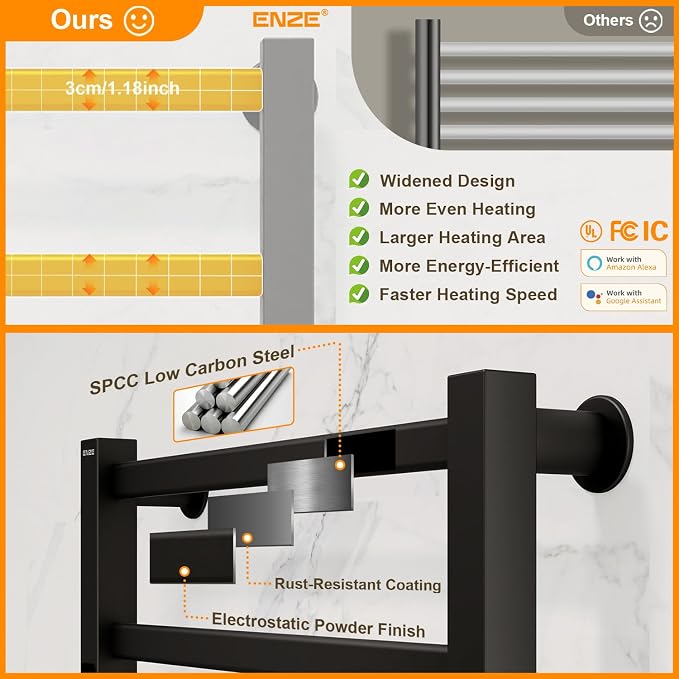 ENZE Smart Heated Towel Rack, 4-Bar Wall-Mounted Electric Towel Warmer 115W - Image 6
