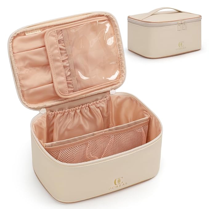 OCHEAL Beige Makeup Bag, Travel Makeup Organizer Bag, Large Capacity Cosmetic - Image 9