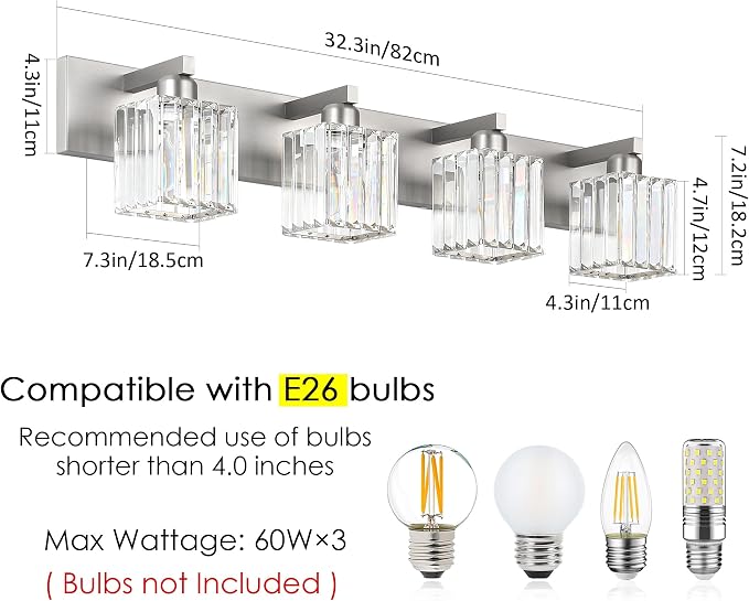 Aipsun Brushed Nickel Bathroom Lighting Fixtures 4 Light Crystal Modern - Image 6