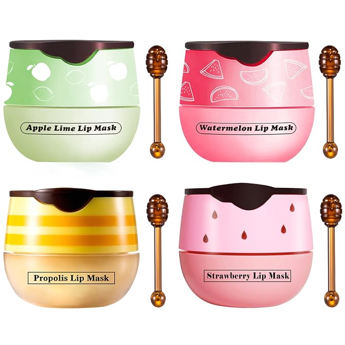 4 PCS Honey Lip Balm Pot, Honey & Strawberry & Watermelon & Apple Lime Lip Mask by Unknown