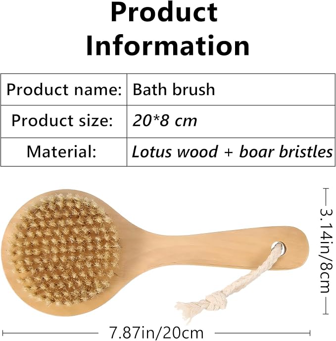 Dry Bath Body Brush with Short Handle, Natural Bristles Back Scrubber, - Image 2