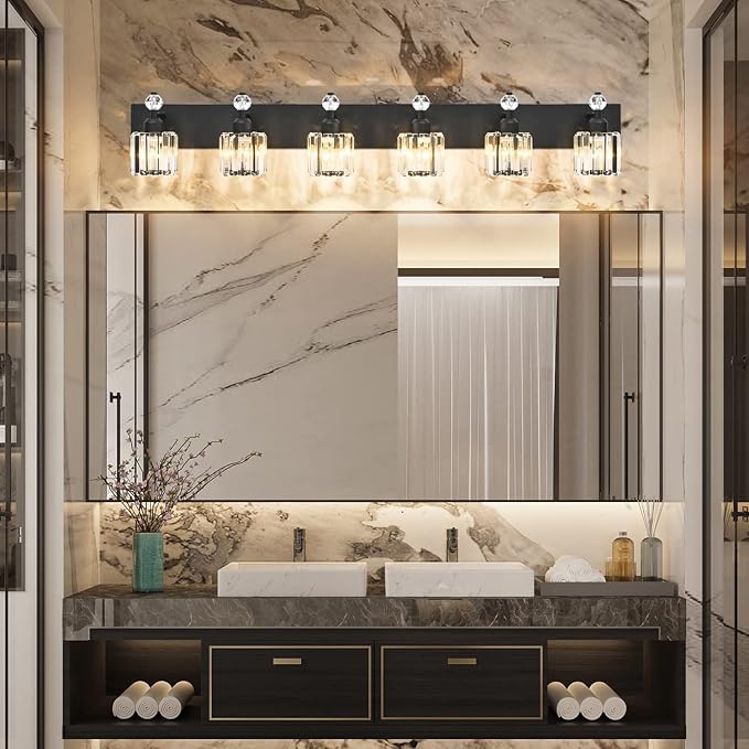 PRESDE 6-Light Crystal Bathroom Lights Fixtures Modern Matte Black Bathroom - Image 3