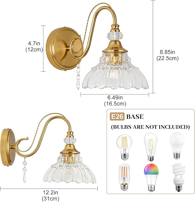 1 Piece Vintage Wall Sconce, 1-Light Brushed Gold Finish Wall Sconce - Image 6