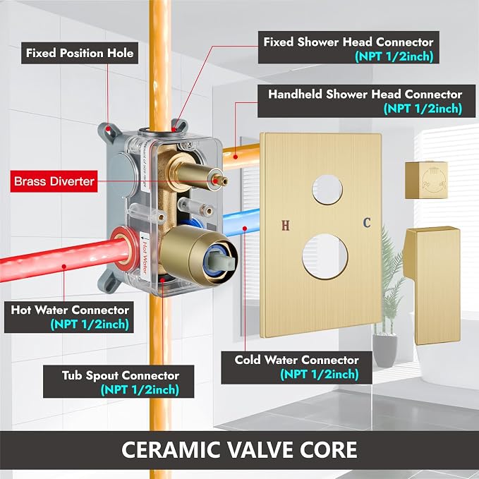 Midanya Shower System with Tub Spout, Bathtub Shower Faucet Set with Square - Image 6