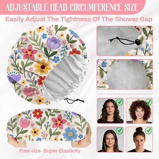Bohemian Floral Patterns Reusable Shower Cap Cute Double Layer Waterproof - Image 2