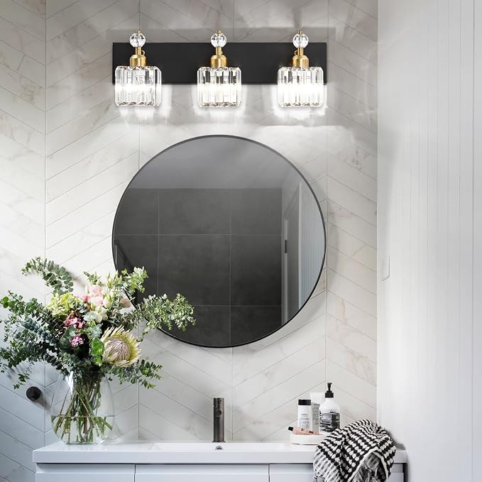 PRESDE 3-Light Crystal Bathroom Vanity Lights Black and Gold Bathroom Lights - Image 2