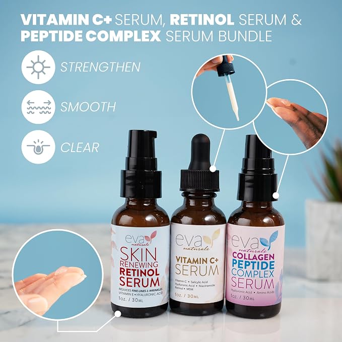 Eva Naturals Trifecta Face Serum Set – Retinol, Vitamin C & Peptides - Image 2
