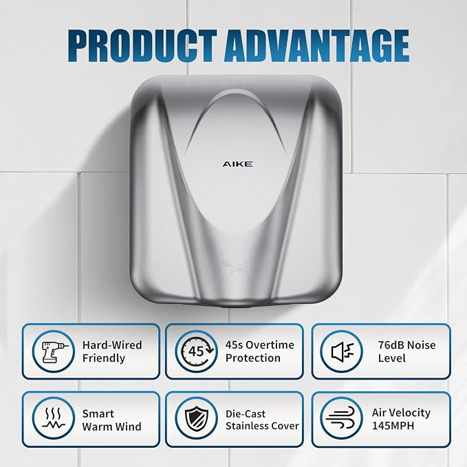 AIKE Elephant Power Commercial Hand Dryer High Speed Auto Warm Wind, Brushed - Image 5