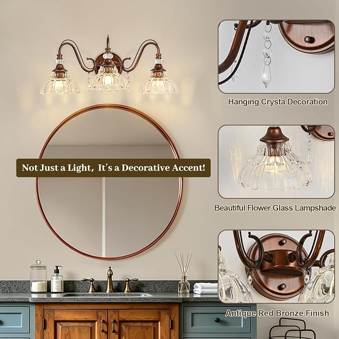 Vintage Bathroom Vanity Light, 3-Light Matte Antique Red Bronze Finish Wall - Image 4