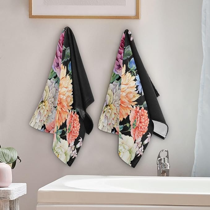 Peony Floral Black Hand Towels for Bathroom Set of 2, Vintage Blooming Flower - Image 3