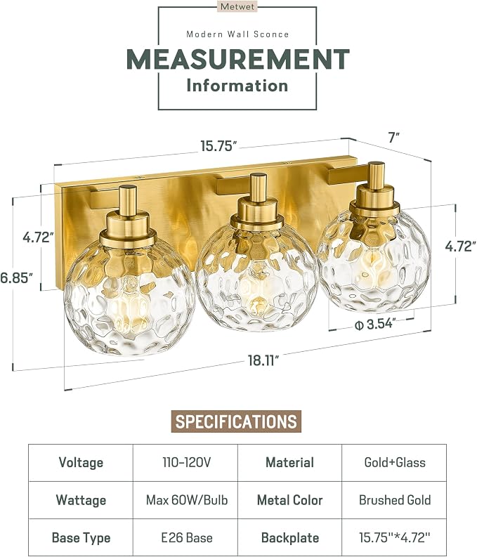Bathroom Light Fixtures Over Mirror, 3-Light Brushed Gold Vanity Light - Image 2