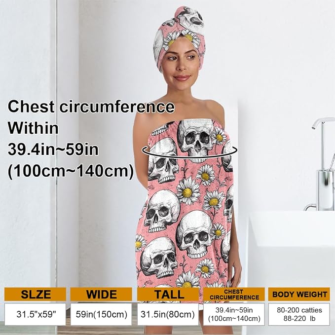 Bath Wrap Set with Hair Turban, Gothic Floral Pattern, Skull and Daisy Print - Image 3