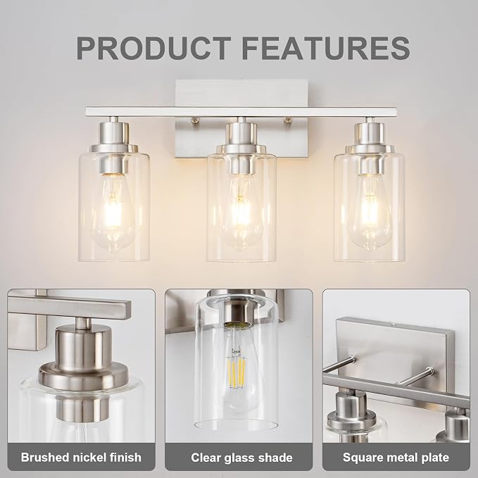 3 Light Bathroom Light Fixtures Brushed Nickel Vanity Light Over Mirror Modern - Image 7